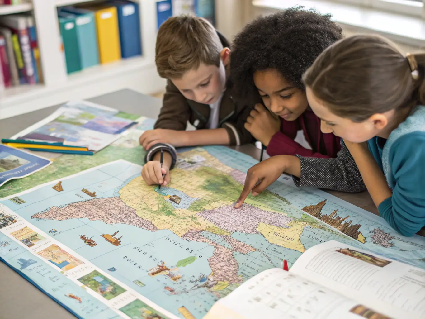 A photograph of children participating in an educational program at Maison Jean-Boudou, learning about local history and traditions through interactive activities.