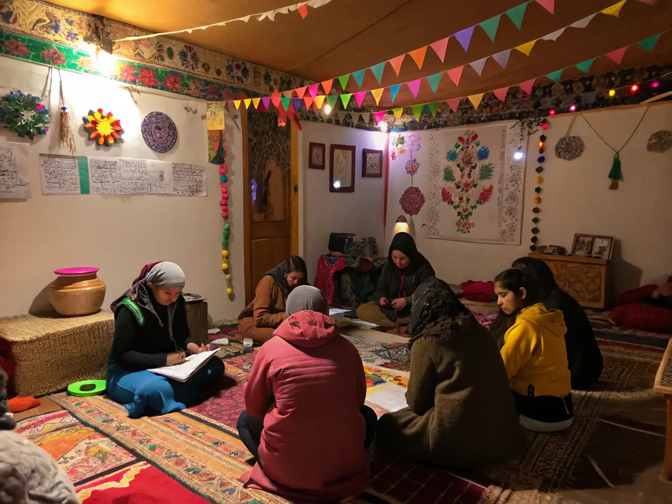 A photograph depicting a hands-on Occitan language workshop at Maison Jean-Boudou, with participants learning basic phrases and cultural nuances.