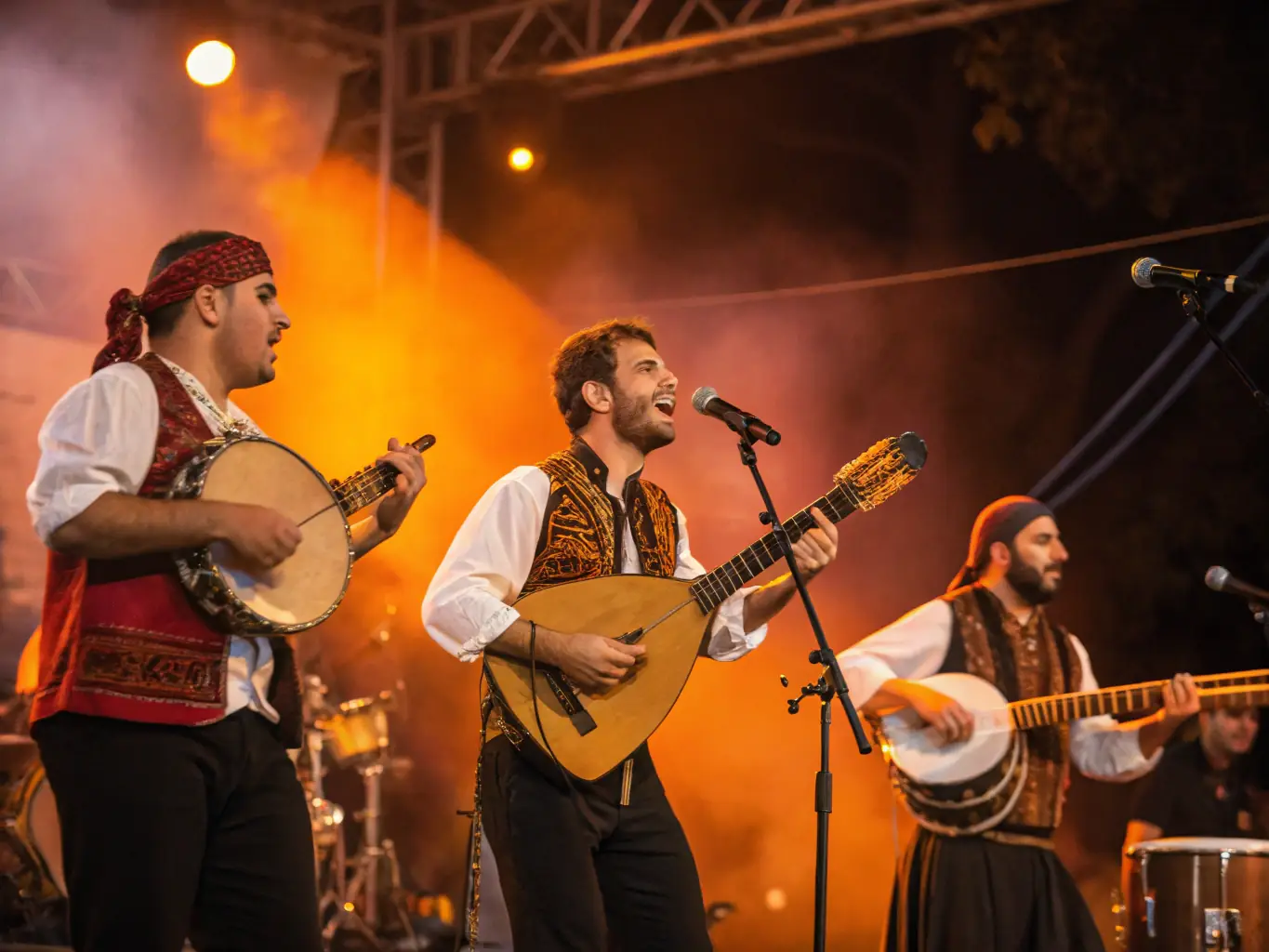 A photograph showcasing a traditional Occitan music performance at Maison Jean-Boudou, featuring local musicians playing traditional instruments.