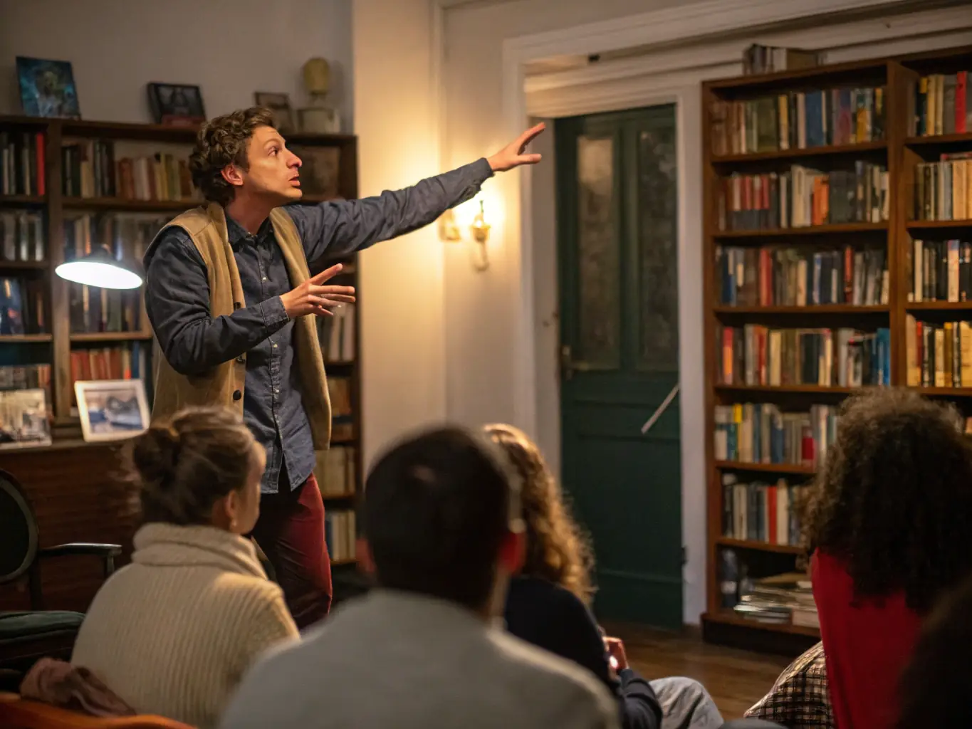 A vibrant photograph capturing a storytelling session in Occitan, held within the historic Maison Jean-Boudou, with participants of all ages actively engaged.
